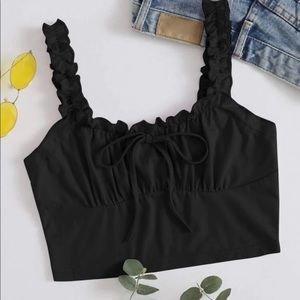SHEIN Frill Trim Tie Front Ruched Bust Top